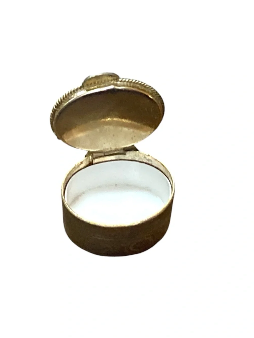 Vintage Italian Micro Mosaic Pill Box Blue Floral Gold Tone Metal Trinket 1.25”